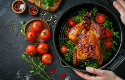Fotografia em tons de vermelho com um cesto de air fryer ao centro. Dentro do cesto existe uma receita de frango assado acompanhada de folhas e tomates