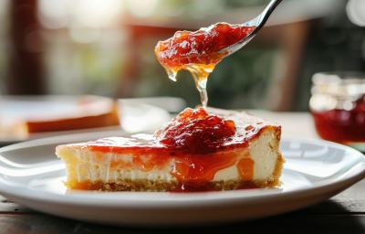 Fotografia de uma fatia de cheesecake sobre um prato de vidro branco raso. Por cima da fatia tem uma geleia de cupuaçu sendo jogada e caindo de uma colher de sopa. Fotografia de uma fatia de cheesecake sobre um prato de vidro branco raso. Por cima da fatia tem uma geleia de cupuaçu sendo jogada e caindo de uma colher de sopa.
