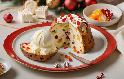 Receita de Panettone Encantado com Sorvete Gelado, servido em fatias, coberto com sorvete de creme, decorado com chantilly, frutas secas e polvilha com açúcar, tudo sobre uma mesa natalina Receita de Panettone Encantado com Sorvete Gelado, servido em fatias, coberto com sorvete de creme, decorado com chantilly, frutas secas e polvilha com açúcar, tudo sobre uma mesa natalina