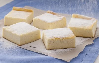 Fotografia em tons de amarelo, azul e branco de uma bancada branca com paninho azul, sobre ele pedaços de torta de ricota polvilhadas com açúcar. Fotografia em tons de amarelo, azul e branco de uma bancada branca com paninho azul, sobre ele pedaços de torta de ricota polvilhadas com açúcar.