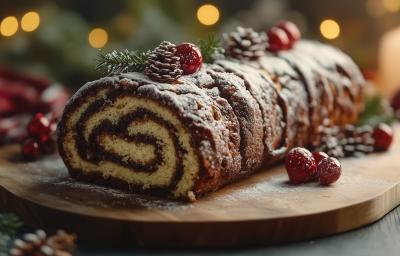 Fotografia mostra a sobremesa tronco natalino disposto sobre uma travessa de madeira, com textura de madeira feita na cobertura de creme de chocolate. O tronco está decorado com um leve toque de açúcar de confeiteiro que imita neve. Fotografia mostra a sobremesa tronco natalino disposto sobre uma travessa de madeira, com textura de madeira feita na cobertura de creme de chocolate. O tronco está decorado com um leve toque de açúcar de confeiteiro que imita neve.