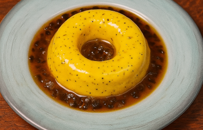 Fotografia em tons de marrom com um prato cinza ao centro. Em cima do prato existe um flan de cor amarela feito com manga e maracujá. Por cima do flan existe uma calda feita com polpa de maracujá