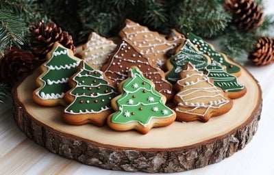 Em cima de uma mesa, prato de madeira com biscoitos em formato de Árvore de Natal, decorados com glacê colorido, chocolate derretido e confeito colorido. Em cima de uma mesa, prato de madeira com biscoitos em formato de Árvore de Natal, decorados com glacê colorido, chocolate derretido e confeito colorido.