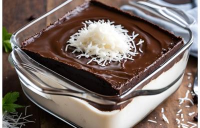 Fotografia de um recipinete quadrado de vidro com creme de coco e por cima, uma ganache de chocolate. Tem coco ralado decorando o chocolate, o recipinete está sobre uma mesa de madeira. Fotografia de um recipinete quadrado de vidro com creme de coco e por cima, uma ganache de chocolate. Tem coco ralado decorando o chocolate, o recipinete está sobre uma mesa de madeira.