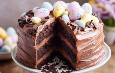 Fotografia mostra um bolo de chocolate recheado com chocolate, coberto com ganache de chocolate e decorado com temática de páscoa.