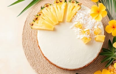 Fotografia de torta de abacaxi vista de cima em tons claros de uma torta inteira feita com massa de bolo. A torta estpa decorada com abacaxis em pedaços e cubos, com coco ralado. Ao redor tem algumas flores amarelas e plantas.