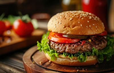 Fotografia em tons mais escuros de um hambúrguer com carne bovina, tomate, alface, pão com gergelim e cebola, e está sobre uma tábua de madeira. Ao fundo tem uma outra tábua de madeira com alguns tomates inteiros. Fotografia em tons mais escuros de um hambúrguer com carne bovina, tomate, alface, pão com gergelim e cebola, e está sobre uma tábua de madeira. Ao fundo tem uma outra tábua de madeira com alguns tomates inteiros.