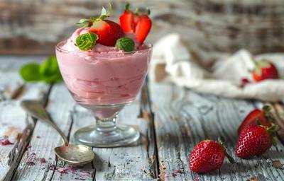 Fotografia em tons de cinza com uma taça de vidro ao centro. Em cima da taça existe uma receita de mousse de morango de cor rosa com vários morangos cortados por cima