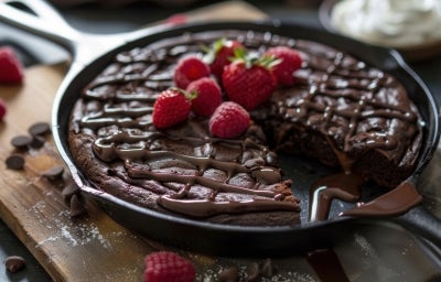 Fotografia de um bolo de chocolate em uma frigideira de ferro fundido, coberto com chocolate derretido e decorado com framboesas frescas, sobre uma tábua de madeira polvilhada com açúcar de confeiteiro.