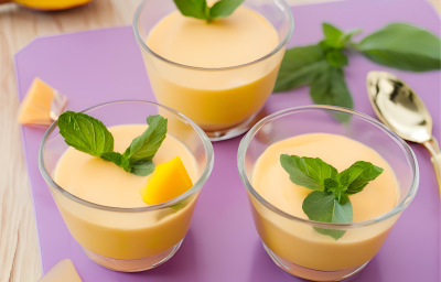 Fotografia em tons de roxo com três potes de vidro ao centro. Dentro de cada pote existe um creme de manga doce enfeitado com folhas de hortelã. Fotografia em tons de roxo com três potes de vidro ao centro. Dentro de cada pote existe um creme de manga doce enfeitado com folhas de hortelã.
