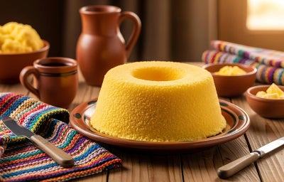 imagem mostra um cuscuz nordestino de milho amarelo em formato redondo ovalado.