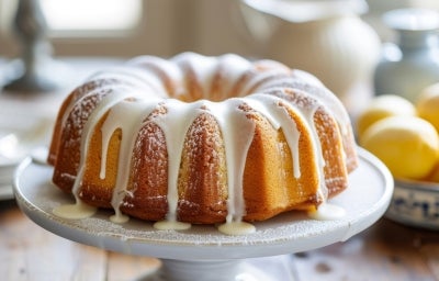 Fotografia de um bolo bundt dourado em um suporte branco, coberto com glacê branco e polvilhado com açúcar de confeiteiro. O fundo apresenta um bowl com limões amarelos. Fotografia de um bolo bundt dourado em um suporte branco, coberto com glacê branco e polvilhado com açúcar de confeiteiro. O fundo apresenta um bowl com limões amarelos.