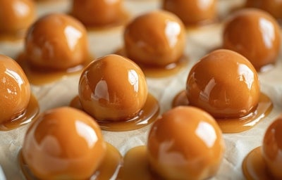 Em cima de uma mesa, balas com caramelo crocantes.
