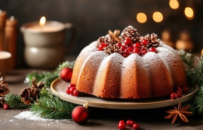 Fotografia de um bolo de Natal em um prato redondo, polvilhado com açúcar de confeiteiro e adornado com frutas vermelhas e pinhas. Velas acesas ao fundo proporcionam um ambiente aconchegante. Fotografia de um bolo de Natal em um prato redondo, polvilhado com açúcar de confeiteiro e adornado com frutas vermelhas e pinhas. Velas acesas ao fundo proporcionam um ambiente aconchegante.