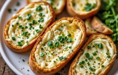 Fotografia em tons claros de três torradas no foco da imagem com um creme de parmesão e cebolas em cada, salpicadas com salsinha.