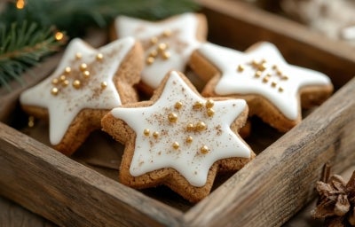 Em cima de uma mesa, biscoitos de estrelas, decorados com glacê branco e confeitos dourados de bolinha.