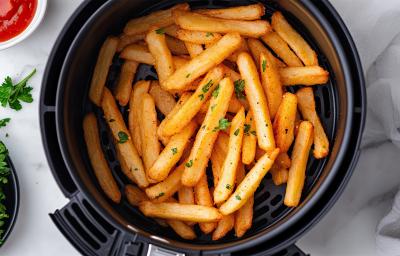 Fotografia vista de cima de uma Air Fryer com batatas fritas douradas, sobre uma mesa branca de mármore ao lado de um pano branco amassado. Do outro lado tem um recipiente pequeno e branco com ketchup e um outro recipiente pequeno com salsinha. Fotografia vista de cima de uma Air Fryer com batatas fritas douradas, sobre uma mesa branca de mármore ao lado de um pano branco amassado. Do outro lado tem um recipiente pequeno e branco com ketchup e um outro recipiente pequeno com salsinha.