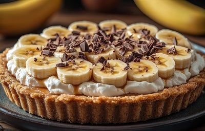 Em cima de uma mesa, banoffee com massa de biscoitos crocante, chantilly cremoso, bananas em rodelas, polvilhado com rapas de chocolate.