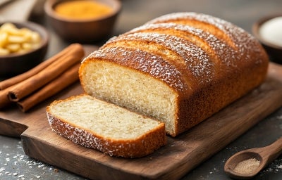 Fotografia de um bolo recém-assado em uma tábua de madeira, com uma crosta dourada e polvilhada com açúcar. Ao fundo, especiarias e ingredientes em pequenas tigelas.