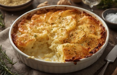 receita de uma travessa com batatas assadas e bem douradas gratinadas