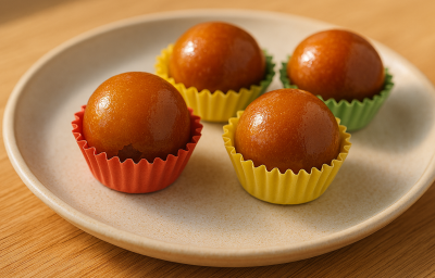 Prato claro com quatro brigadeiros caramelizados em forminhas coloridas. Prato claro com quatro brigadeiros caramelizados em forminhas coloridas.