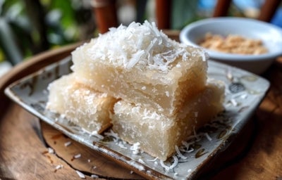 Fotografia de um prato de sobremesa tradicional, com pedaços retangulares de bolo de tapioca cobertos com coco ralado em um prato decorativo. O fundo desfocado sugere um ambiente natural.