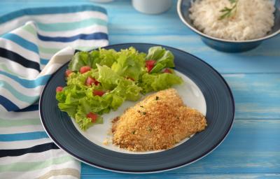 Foto da receita de Filé de Tilápia Copacol com Crosta de Parmesão, vista de cima, em um prato redondo servido com salada, em uma bancada azul com talheresl Foto da receita de Filé de Tilápia Copacol com Crosta de Parmesão, vista de cima, em um prato redondo servido com salada, em uma bancada azul com talheresl