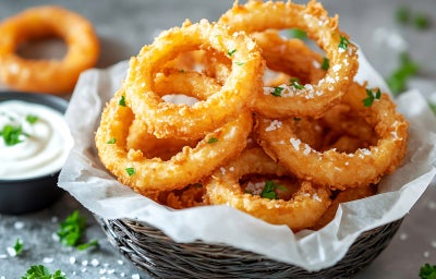 imagem mostra um prato cheio de anéis de cebola fritos em tons dourados e potes de molho ao lado