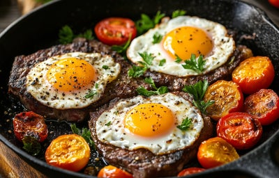 imagem mostra um bife de carne bovina com um ovo frito por cima