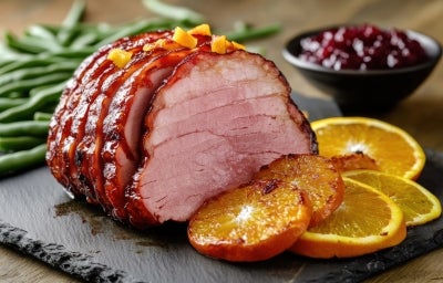 Fotografai em tons claros de de um tender fatiado, no ponto, com cinco fatias caramelizadas de laranja, sobre um apoio preto retangular.