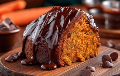 Fotografia de uma fatia de bolo de cenoura, com textura rica e cobertura de ganache de chocolate, e rodeada por cenouras e mais chocolate.