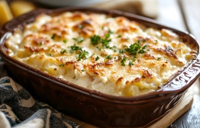 Em cima de uma mesa, recipiente com bacalhau cremoso gratinado com queijo, decorado com cheiro-verde picado. Em cima de uma mesa, recipiente com bacalhau cremoso gratinado com queijo, decorado com cheiro-verde picado.