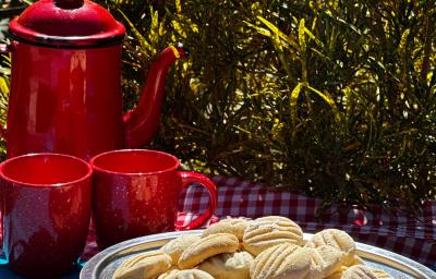 Fotografia de um recipiente fundo de alumínio com biscoitos amanteigados de leite moça. O recipiente está sobre um pano de mesa quadriculado de cor vermelho e branco. O recipiente está ao lado de duas xícaras e uma chaleira vermelha. Fotografia de um recipiente fundo de alumínio com biscoitos amanteigados de leite moça. O recipiente está sobre um pano de mesa quadriculado de cor vermelho e branco. O recipiente está ao lado de duas xícaras e uma chaleira vermelha.