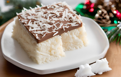 Foto da receita de prestígio na travessa, servido em fatia com uma camada de creme de coco coberta com ganache de chocolate e decorado com coco ralado, sobre uma mesa decorada para o natal Foto da receita de prestígio na travessa, servido em fatia com uma camada de creme de coco coberta com ganache de chocolate e decorado com coco ralado, sobre uma mesa decorada para o natal