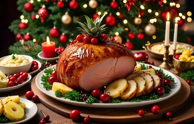 Ftogografia em clima de natal do tender sobre um prato grande e raso, de cor branco. No fundo tem uma árvore de natal iluminada e decorada. Na mesa tem velas, acompanhamentos e algumas frutas.