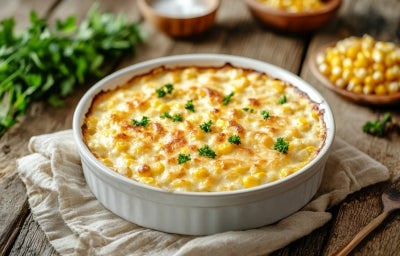Em cima de uma mesa, recipiente de porcelana redondo com queijo gratinado, decorado com salsinha picada.
