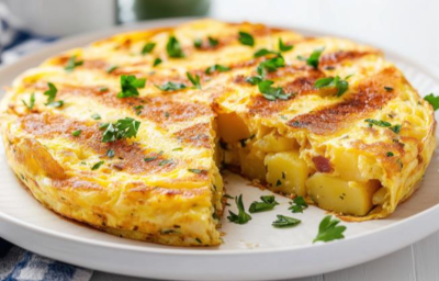 Sobre um prato branco, uma tortilha de batatas em tons amarelo e dourado está fatiada, dentro vê-se pedaços de batata. Salsinha verde picada decoram por cima. Sobre um prato branco, uma tortilha de batatas em tons amarelo e dourado está fatiada, dentro vê-se pedaços de batata. Salsinha verde picada decoram por cima.