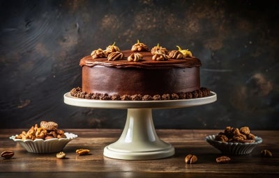 Bolo de chocolate decorado, apresentado em um pedestal branco. Coberto com uma cobertura lisa e brilhante, é adornado com nozes inteiras e detalhes em chocolate.