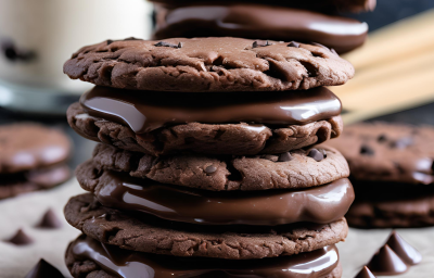 Fotografia mostra um sanduiche de cookies sabor de chocolate com gotas de chocolate recheado com uma ganache de chocolate brilhante e cremosa. Fotografia mostra um sanduiche de cookies sabor de chocolate com gotas de chocolate recheado com uma ganache de chocolate brilhante e cremosa.