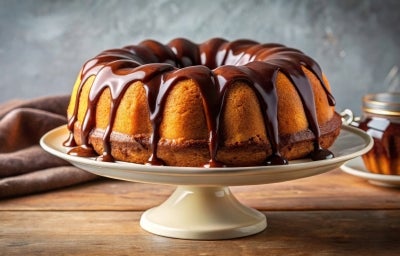 Fotografia de um bolo bundt dourado, coberto com um brilho de chocolate escuro, apresentado em um pedestal claro.