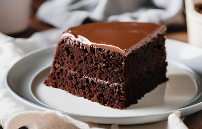 Fotografia mostra uma fatia de bolo de chocolate com cobertura de chocolate sobre um prato branco Fotografia mostra uma fatia de bolo de chocolate com cobertura de chocolate sobre um prato branco