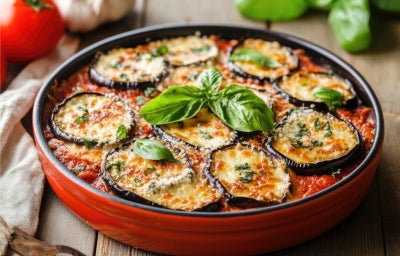 imagem mostra uma travessa com camadas de berinjela, queijo gratinado e molho de tomate.
