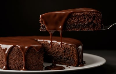 Um bolo de chocolate inteiro com cobertura de ganache brilhante. Um pedaço foi cortado e está sendo servido, revelando o interior macio e bem assado. A calda escorre de forma apetitosa pela fatia e pelas bordas do bolo. Um bolo de chocolate inteiro com cobertura de ganache brilhante. Um pedaço foi cortado e está sendo servido, revelando o interior macio e bem assado. A calda escorre de forma apetitosa pela fatia e pelas bordas do bolo.