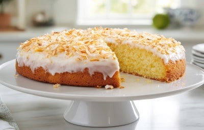 Fotografia de um bolo redondo com crosta dourada e interior amarelo, coberto com glacê branco e flocos de coco tostados, apresentado em um pedestal branco. Uma fatia foi cortada. Fotografia de um bolo redondo com crosta dourada e interior amarelo, coberto com glacê branco e flocos de coco tostados, apresentado em um pedestal branco. Uma fatia foi cortada.