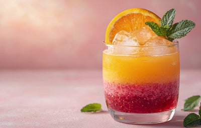 Imagem mostra uma taça transparente com uma bebida em tons de amarelo, laranja e vermelho com folhas de hortelã