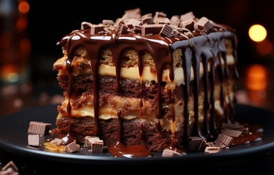 Em cima de uma mesa, prato redondo com fatia de bolo de chocolate, recheado com creme branco e com cobertura de chocolate cremoso.