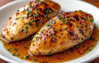 Fotografia de um peito de frango temperado com laranja e mel e cozido ao molho de laranja