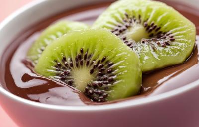 Fotografia de duas fatias de kiwi dentro de um creme de chocolate.