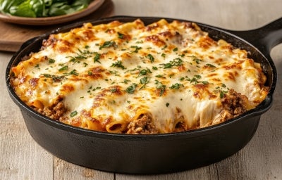 Fotografia em tons claros com uma frigideira ao centro. Dentro da frigideira existe uma receita de lasanha à bolonhesa Fotografia em tons claros com uma frigideira ao centro. Dentro da frigideira existe uma receita de lasanha à bolonhesa