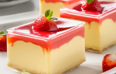 Foto da receita de creme belga com morango servida em taças retangulares a altas, compostas por creme branco e cobertura de gelatina de morango, com morangos para decorar por cima e por toda a mesa branca Foto da receita de creme belga com morango servida em taças retangulares a altas, compostas por creme branco e cobertura de gelatina de morango, com morangos para decorar por cima e por toda a mesa branca